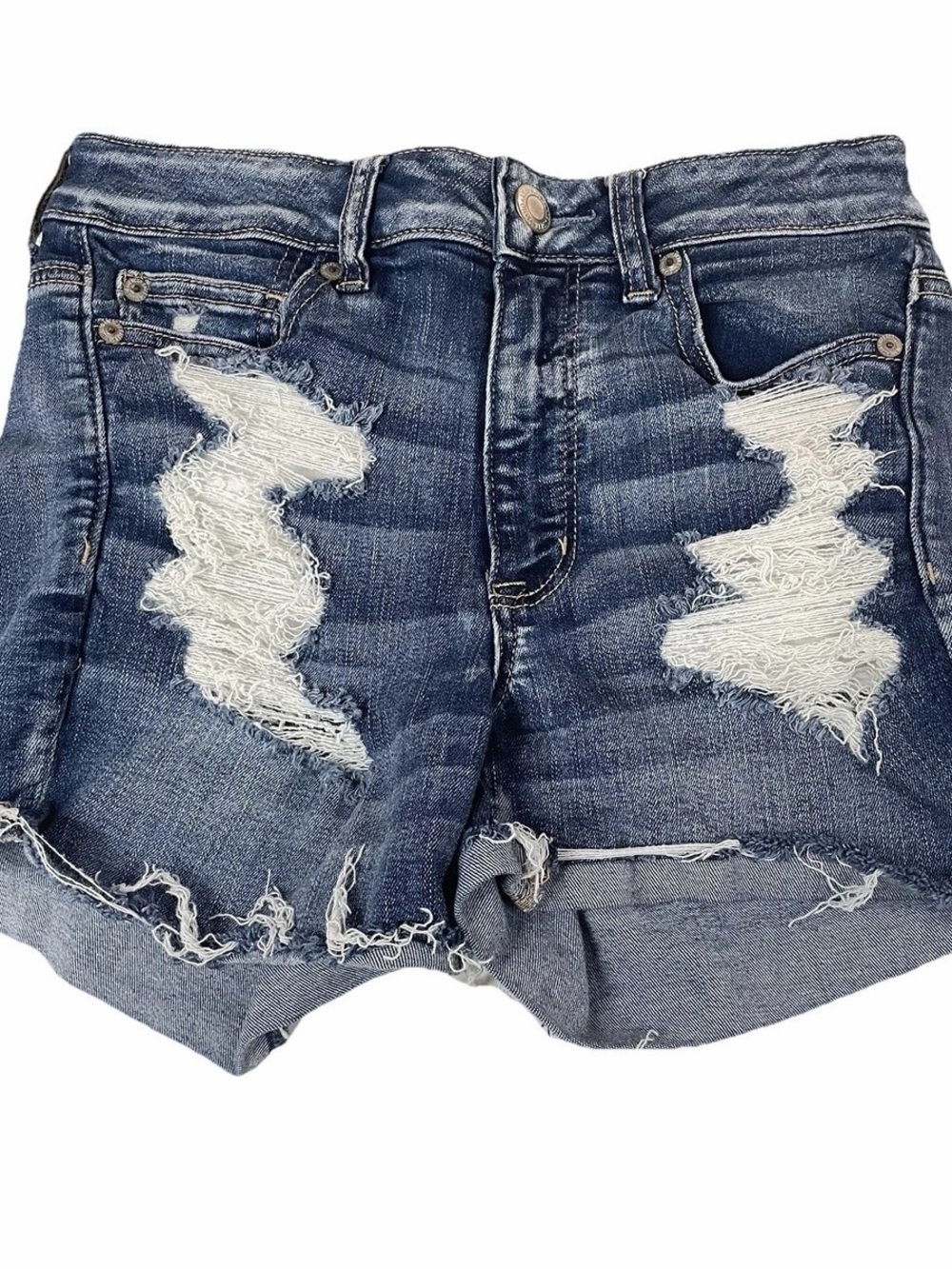 American Eagle Hi-Rise Distressed Denim Shorts Size 8 Next Level Stretch Frayed